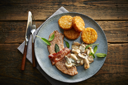Schweineschnitzel mit Speck, Waldpilzen und Rösti Talern Schweineschnitzel mit Speck, Waldpilzen und Rösti Talern